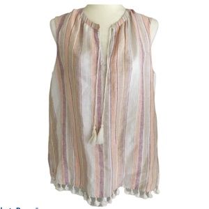 Tommy hilfiger linen blend tassel pompom tank sleeveless top beige neutral NWT